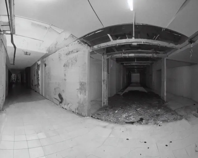 Prompt: camera footage of a giant Boogey man in an abandoned shopping mall, high exposure, dark, monochrome, camera, grainy, CCTV, security camera footage, timestamp, zoomed in, fish-eye lense, Enderman,