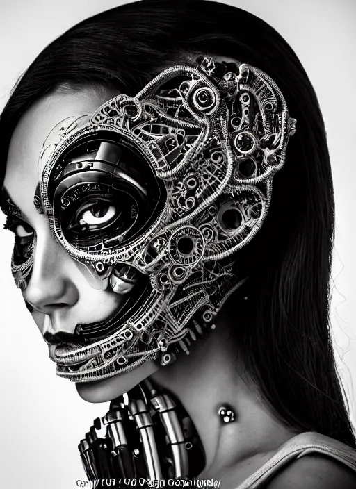 Image similar to a stunning young female crow - cyborg - human profile face, face is made intricate tribal bio - mechanical, editorial photography, bw, shot on 7 0 mm, depth of field, f / 2. 8, high contrast, 1 6 k, volumetric lighting, shiny, insanely detailed and intricate, hypermaximalist, elegant, ornate, hyper realistic, super detailed