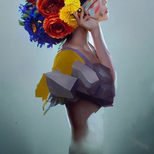 Image similar to Ukrainian girl with a flowers covered into the Ukrainian flag profile picture by Greg Rutkowski, asymmetrical, Organic Painting , Matte Painting, geometric shapes, hard edges, street art, trending on the artstation, graffiti, realistic:2 by Sachin Teng:4, blur: -4