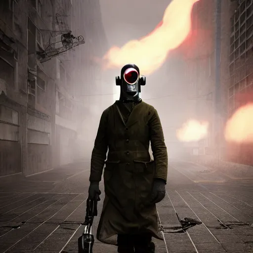 Prompt: hooden villain wearing a gas mask with red goggles, smoke coming out of his body, dark background, unreal engine 5, ultra realistic, detailed, 4k, fog, by greg rutkowski