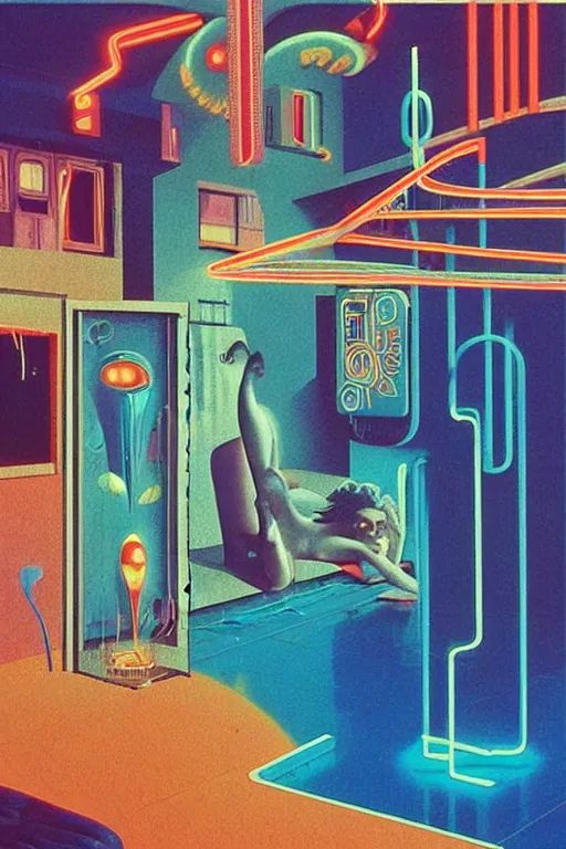 Image similar to 8 0 s art deco motel with swimmingpool, robots, neon signes, cinematic dramatic cyberpunk textural fluid lines otherworldly vaporwave interesting details fantasy lut epic composition by basquiat zdzisław beksinski james jean artgerm rutkowski moebius francis bacon gustav klimt