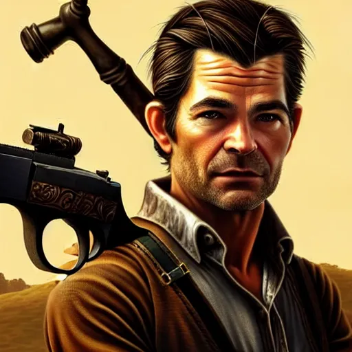 Image similar to A combination of Timothy Olyphant's and Orlando Bloom's and Chris Pine's faces as Nathan Drake, western, D&D, fantasy, intricate, elegant, highly detailed, digital painting, artstation, concept art, matte, sharp focus, illustration, art by Artgerm and Greg Rutkowski and Alphonse Mucha