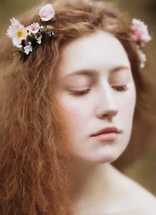 Image similar to Kodak Portra 400, 8K, soft light, volumetric lighting, highly detailed, britt marling style 3/4, Close-up portrait photography of a beautiful woman how pre-Raphaelites a woman with her eyes closed is surrounded by water, she has a beautiful lace dress and hair are intricate with highly detailed realistic beautiful flowers , Realistic, Refined, Highly Detailed, natural outdoor soft pastel lighting colors scheme, outdoor fine art photography, Hyper realistic, photo realistic
