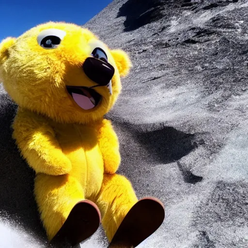 Image similar to teddy bear, snowboarding on a volcano with spongebob