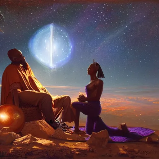 Image similar to an african psychic reading his crystal ball under a meteor shower, greg rutkowski and android jones and amanda sage, oil on canvas, 8k