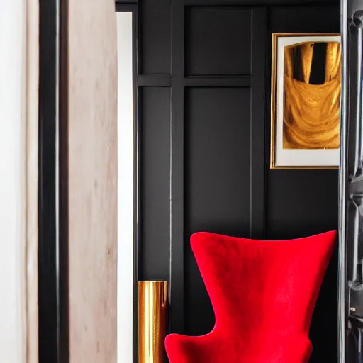 Image similar to a red chair, surrounded by sinuous gold tools, at the end of a black reflective marble hallway