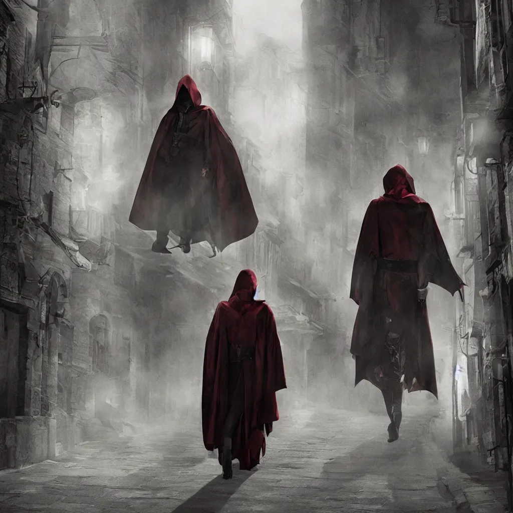 Image similar to a vampire thief wearing a cloak and covered in bandages walking through an alley, cinematic, highly detailed