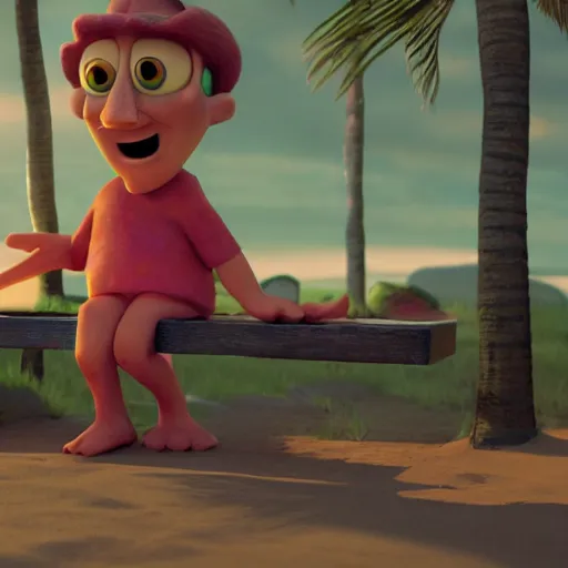 Prompt: patrick with a sad!!! expression slouching on a bench in the bikini bottom, global illumination!!! dim lighting, midnight, cinematic, extremely detailed, beautiful, stunning composition, beautiful light rays, trending on artstation