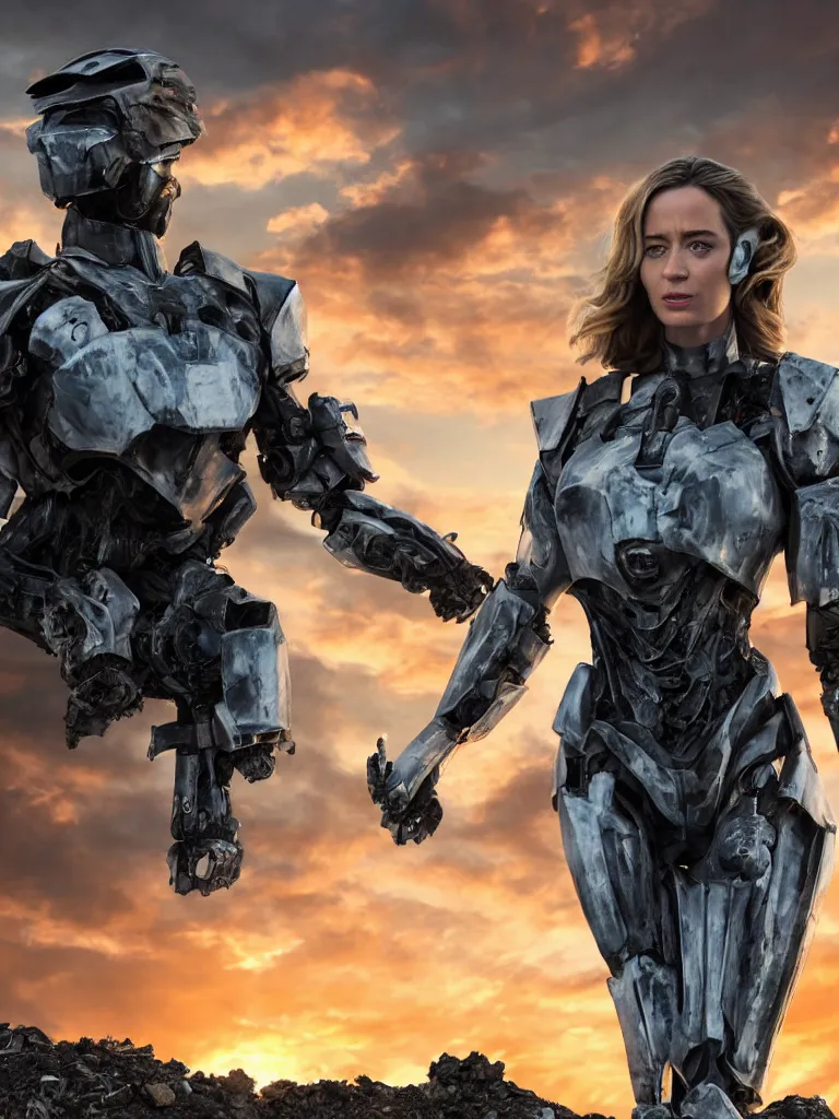 Prompt: emily blunt in futuristic power armor, close up portrait, solitary figure standing atop a pile of rubble, sunset and big clouds behind her