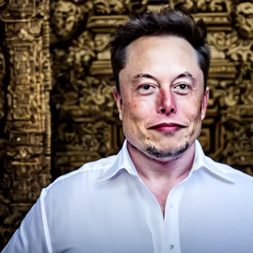 Prompt: A Photo Portrait of elon musk Wearing Indonesian Batik at a fancy Balinese temple, award winning photography, sigma 85mm Lens F/1.4, blurred background, perfect faces