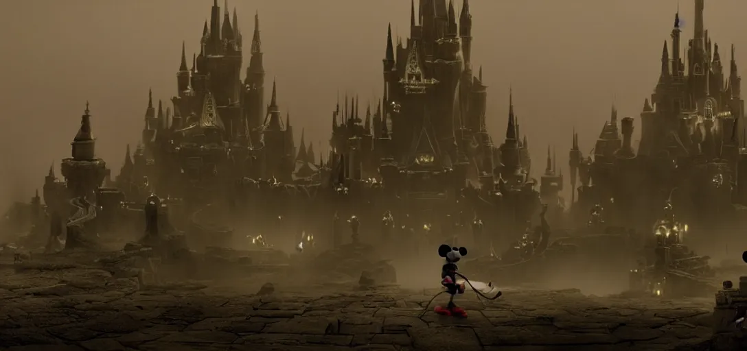 Image similar to evil epic mickey mouse walking out from epic temple, foggy, cinematic shot, photo still from movie by denis villeneuve, wayne barlowe