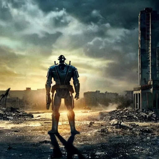 Prompt: still film from the movie fallout 4 : the movie by michael bay