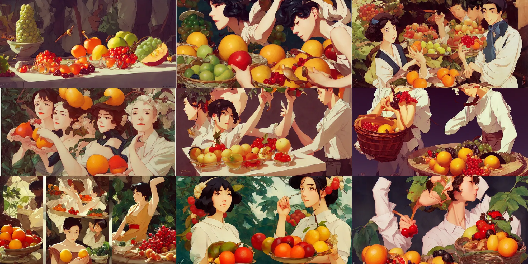 Prompt: fruits, in the style of studio ghibli, j. c. leyendecker, greg rutkowski, artgerm