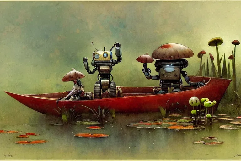 Image similar to adventurer ( ( ( ( ( 1 9 5 0 s retro future robot mouse amphibious vehical home android. muted colors. swamp mushrooms. water lilies ) ) ) ) ) by jean baptiste monge!!!!!!!!!!!!!!!!!!!!!!!!! chrome red