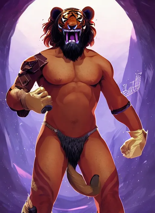 Image similar to character portrait of a male anthro Tiger fursona dressed like Macho Man Randy Savage in a futuristic wrestling ring. Character design by charlie bowater, ross tran, artgerm, and makoto shinkai, detailed, inked, western comic book art