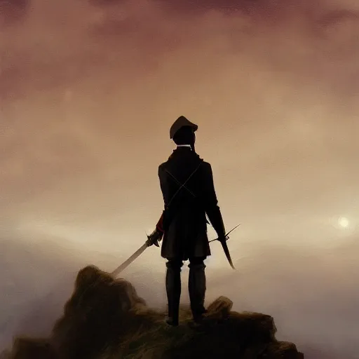 Image similar to dark-skinned man standing tall on a cliff fog clouds clothed in military uniform holding sword in the style of CASPAR DAVID FRIEDRICH techno atmosphere colourful beautiful image, brush strokes, pastel, artstation deviantart acrylic