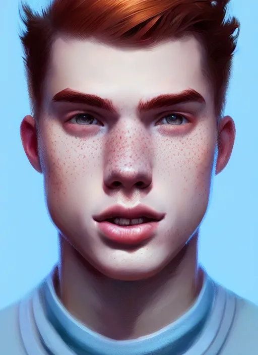 Prompt: portrait of teenage archie andrews, freckles, intricate, elegant, glowing lights, highly detailed, digital painting, artstation, concept art, smooth, sharp focus, illustration, art by wlop, mars ravelo and greg rutkowski