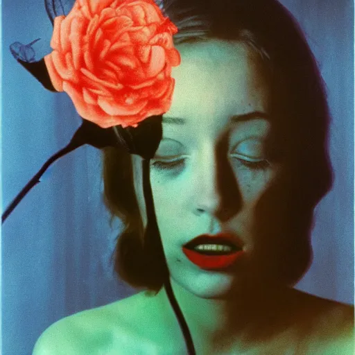 Prompt: movie still of the girl with the flowers head, cinematic composition, cinematic light, by david lynch, surrealist art