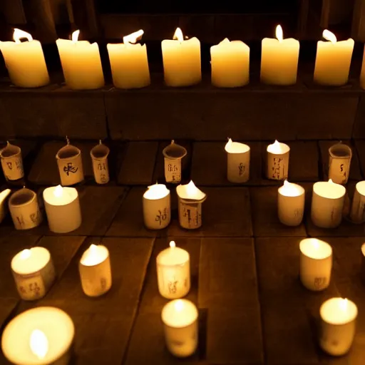 Image similar to dark image of Japanese temple, candles, 8k high detail,