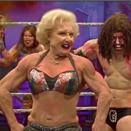 Image similar to betty white muscular wwe world champion wrestling zombies