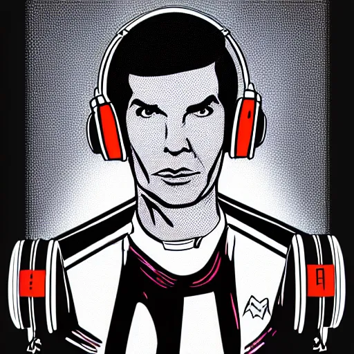 Image similar to svg sticker of a Pop-Wonder Captain-Spock-Star-Trek at a rave, spinning records, giant headphones rocking out, wearing headphones, huge speakers, dancing, rave, DJ, spinning records, digital art, amazing composition, rule-of-thirds, award-winning, trending on artstation, featured on deviantart