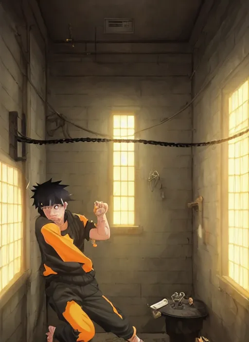 Image similar to highly detailed prison cell with naruto uzumaki with black hair, metal bars in window, powerfully hitting a wall, art by greg rutkowski, loish, rhads, ferdinand knab, makoto shinkai and lois van baarle, ilya kuvshinov, rossdraws, tom bagshaw, global illumination, radiant light, detailed and intricate environment