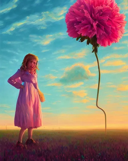 Image similar to girl with a giant carnation head, surreal photography, flower field, sunset dramatic light, impressionist painting, colorful clouds, blue sky, digital painting, artstation, simon stalenhag