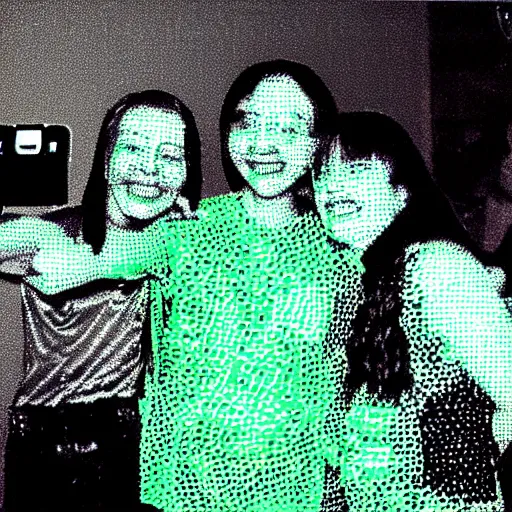 Prompt: y 2 k birthday party selfie, green monochrome 6 4 x 6 4 dot matrix resolution, 8 bit digitized