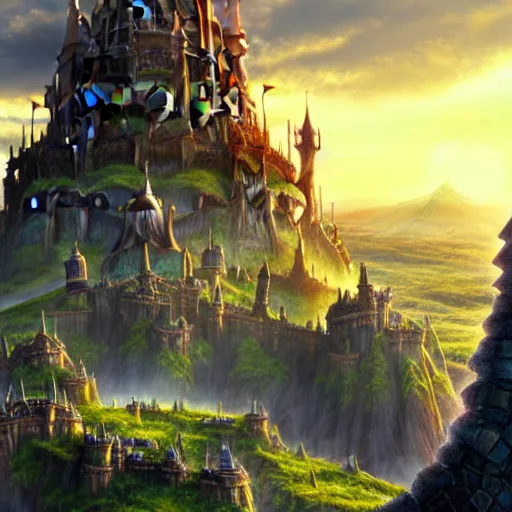 Image similar to large fantasy castle sitting on the top of a giant tortoise, towering over a harsh wasteland with sharp rays of sunlight, howls moving castle, mortal engines, kaiju, distant - mid - shot, fantasy, hyper detailed, 4 k