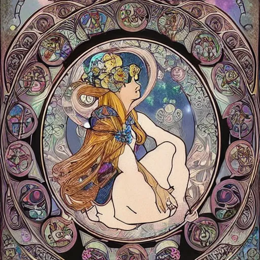 Image similar to Alice in Wonderland,Diamonds Blaze,Rose twining,out of time and space,dreamy, eternity, romantic,highly detailed,in the style of Alphonse Maria Mucha, highly detailed,night lighting