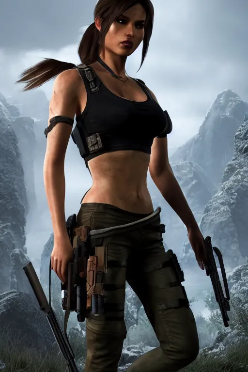 Image similar to Lara Croft as a DOA character, photorealism, full body, white ambient background, unreal engine 5, hyperrealistic, highly detailed, XF IQ4, 150MP, 50mm, F1.4, ISO 200, 1/160s, natural light, Adobe Lightroom, photolab, Affinity Photo, PhotoDirector 365, realistic