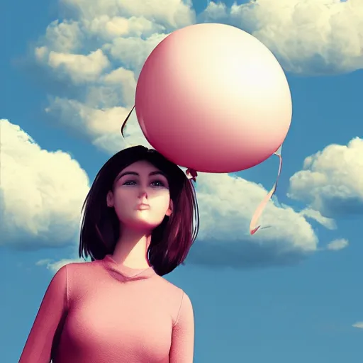 Image similar to a woman [ who has a balloon head ]!! floating into the sky, [ 4 k digital art ]!!, [ trending on cgsociety ]!!, cgsociety contest winner, 4 k quality, zbrush, mannerism