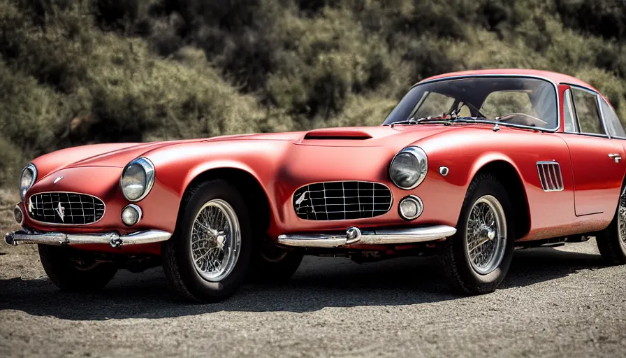 Prompt: photograph, 1958 FERRARI 250 GT, by Pete Biro, Peter Singhof, press release, cinematic, malibu canyon, 8k, depth of field, bokeh. rule of thirds, copper paint