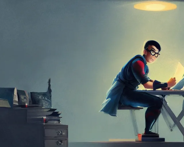 Image similar to an insanely detailed painting of a nerdy asian man wearing a superhero costume, sitting at a desk, staring at the nervously at the computer and typing, in the style of peter mohrbacher, dramatic lighting and composition, surreal background, octane render, pixar, trending on artstation, concept art, comic book, view from behind