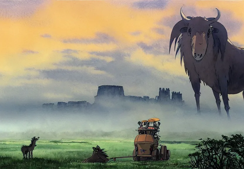 Prompt: a hyperrealist watercolor concept art from a studio ghibli film showing a giant grey mechanized prehistoric wildebeest from howl's moving castle ( 2 0 0 4 ). stonehenge is under construction in the background, in the rainforest on a misty and starry night. by studio ghibli. very dull muted colors