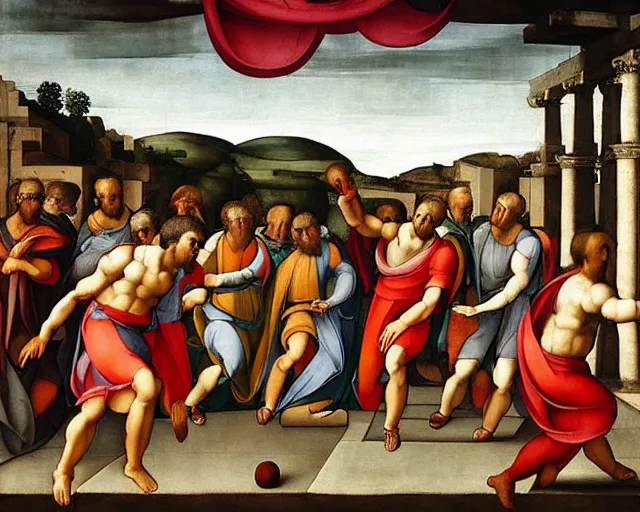 Prompt: “people in ancient greek clothes playing football, landscape zoomed out, renaissance painting by Michelangelo, 8k, hyperdetailed, ultra detail, UHD, high quality”