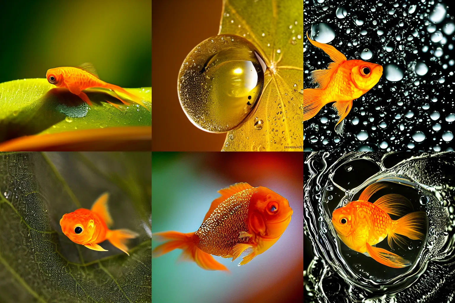 Prompt: extreme macro photography : ( subject = goldfish encased inside a water droplet + subject detail = water droplet on a leaf ), zeiss macro lens f / 1 1 aperture