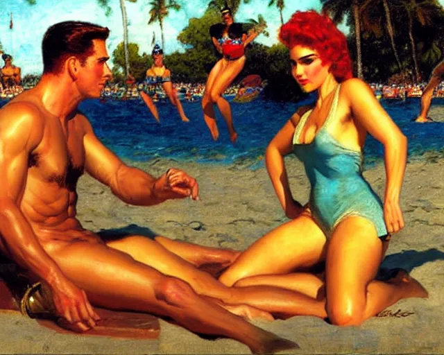 Image similar to top gun beach volleyball scene, cool colors, painting by gaston bussiere, craig mullins, j. c. leyendecker, tom of finland