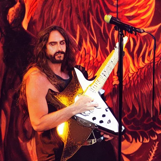 Image similar to Jesus christ, superstar, electric guitar, on stage, wings of flame