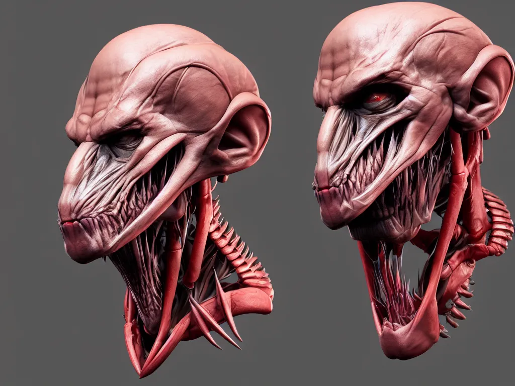 Image similar to game concept art, muscular, exoskeleton, chiroptera head, chiroptera ears, chiroptera nose, amphipoda, hyperrealism, fine detail, artstation, cgsociety, zbrush, no background