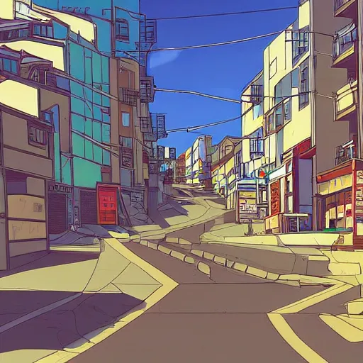 Prompt: city street, sloped street, city on mountainside, street scene, colorful buildings, cel - shading, 2 0 0 1 anime, flcl, jet set radio future, golden hour, japanese town, concentrated buildings, japanese neighborhood, construction site, cel - shaded, strong shadows, vivid hues, y 2 k aesthetic