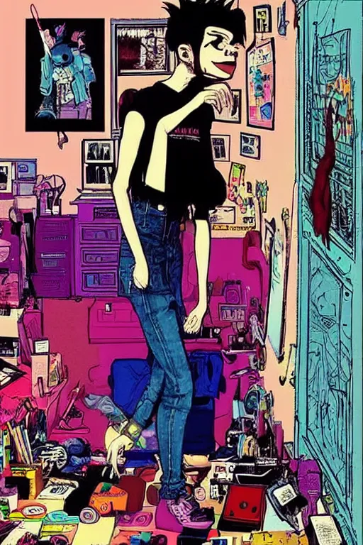 Prompt: a skinny goth guy standing in a cluttered 9 0 s bedroom by jamie hewlett, jamie hewlett art, full body character concept art, vaporwave colors, aesthetic!!,