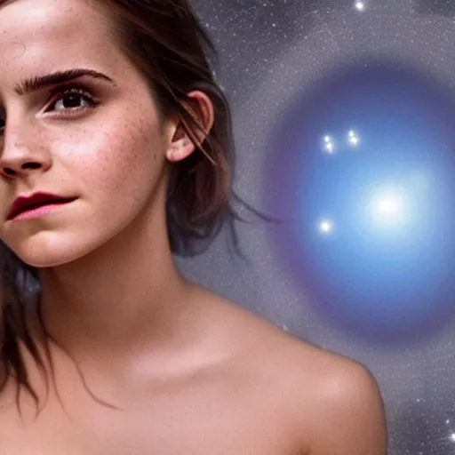 Prompt: emma watson floating in a beam of blue light underneath a silver flying saucer at night,