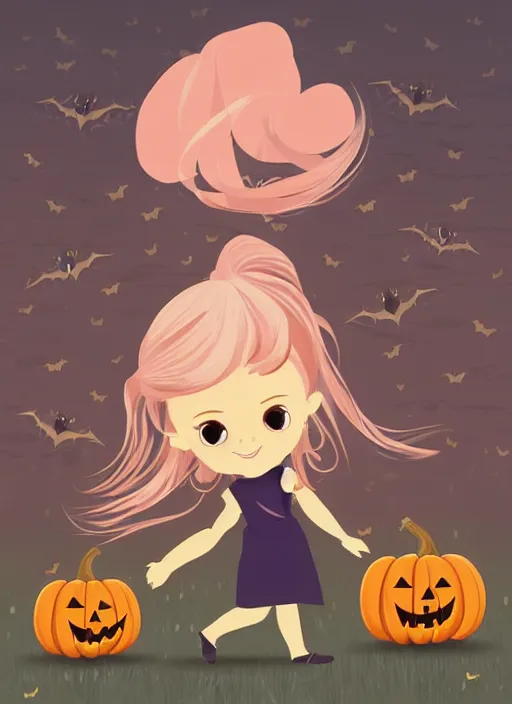 Image similar to three year old girl with long blonde hair in a halloween scene. she is carrying a candy bucket. clean cel shaded vector art. shutterstock. behance hd by lois van baarle, artgerm, helen huang, by makoto shinkai and ilya kuvshinov, rossdraws, illustration, art by ilya kuvshinov