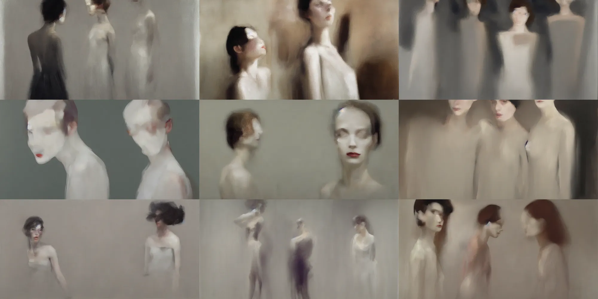 Prompt: out of focus photorealistic pale young women by michael carson and sarah moon, very blurry, translucent white skin, foggy