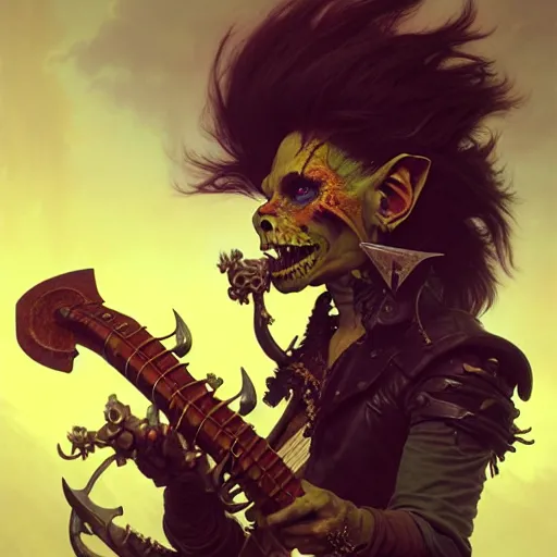 Prompt: portrait painting of a punk goblin bard with an axe, ultra realistic, concept art, intricate details, eerie, highly detailed, photorealistic, octane render, 8 k, unreal engine. art by artgerm and greg rutkowski and charlie bowater and magali villeneuve and alphonse mucha