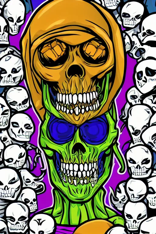 Image similar to A portrait of a skeletor that is a thug, sticker, colorful, illustration, highly detailed, smooth and clean vector curves, no jagged lines, vector art, smooth