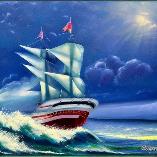 Prompt: The Gleaming Sea Clipper, Magical Waves, in Style of Roy Tabora