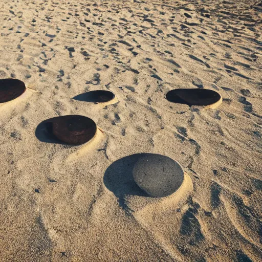 Image similar to oval-shaped woks on a beach, photorealistic, 8k