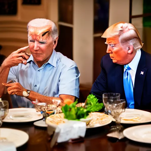 Image similar to Trump and Biden having dinner at a fancy Balinese restaurant, award winning photography, sigma 85mm Lens F/1.4, blurred background, perfect faces